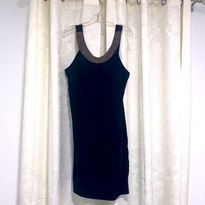 Black midi dress with embellished neckline